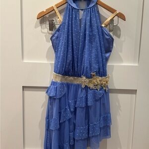 Blue Lyrical Halter Costume Dress with Gold Accents